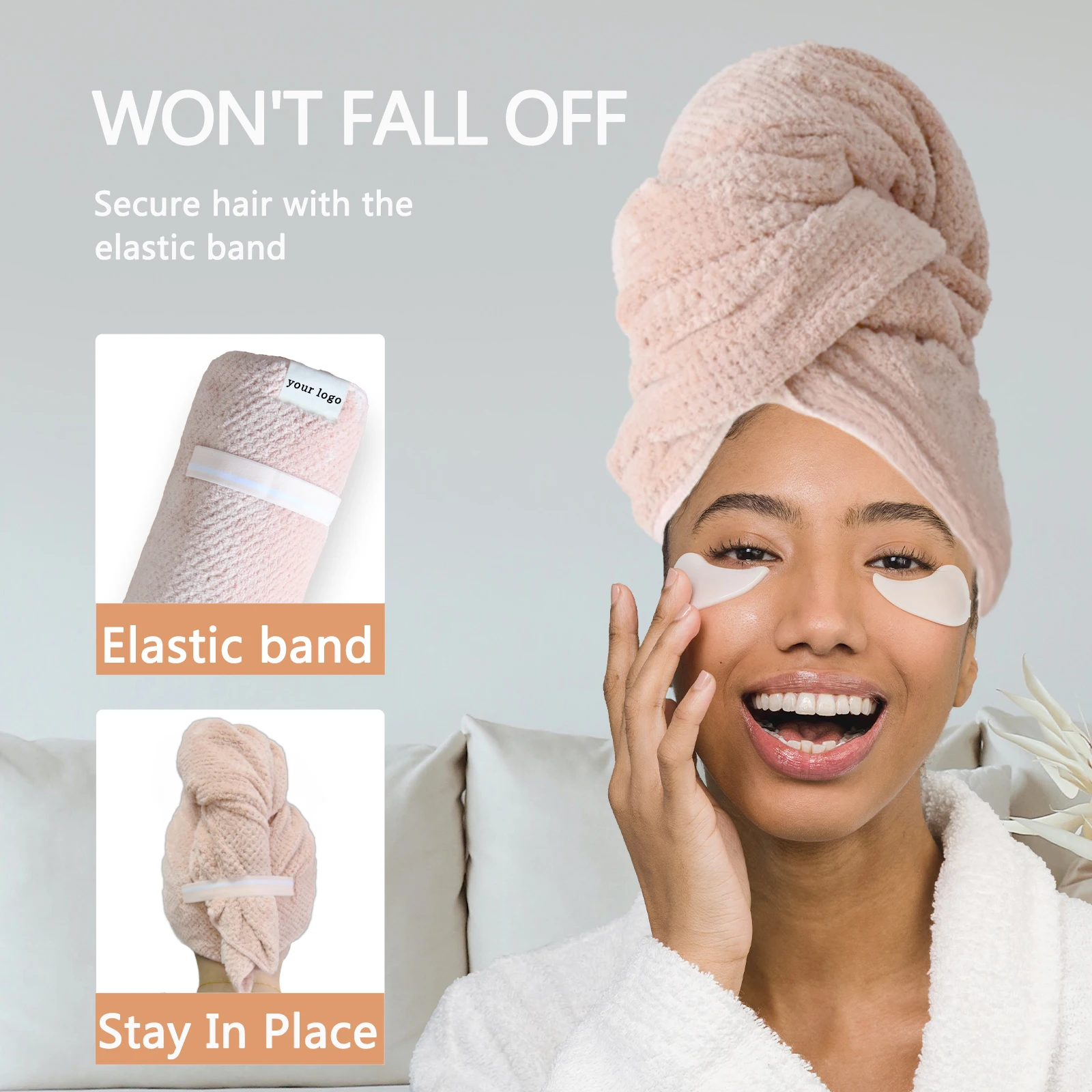 Custom Large Microfiber Hair Wrap Towel For Women Comfortable Hair Drying Towel With Elastic
