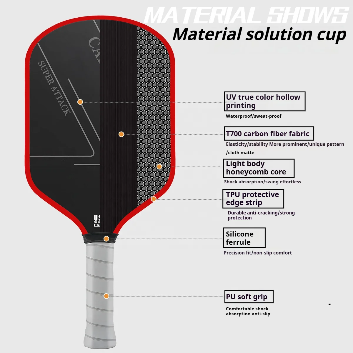 Wholesale Usapa Approved Ben Johns CFS 16mm Paddle Racket T700 Raw Carbon Fiber Thermoformed PickleBall Paddle details