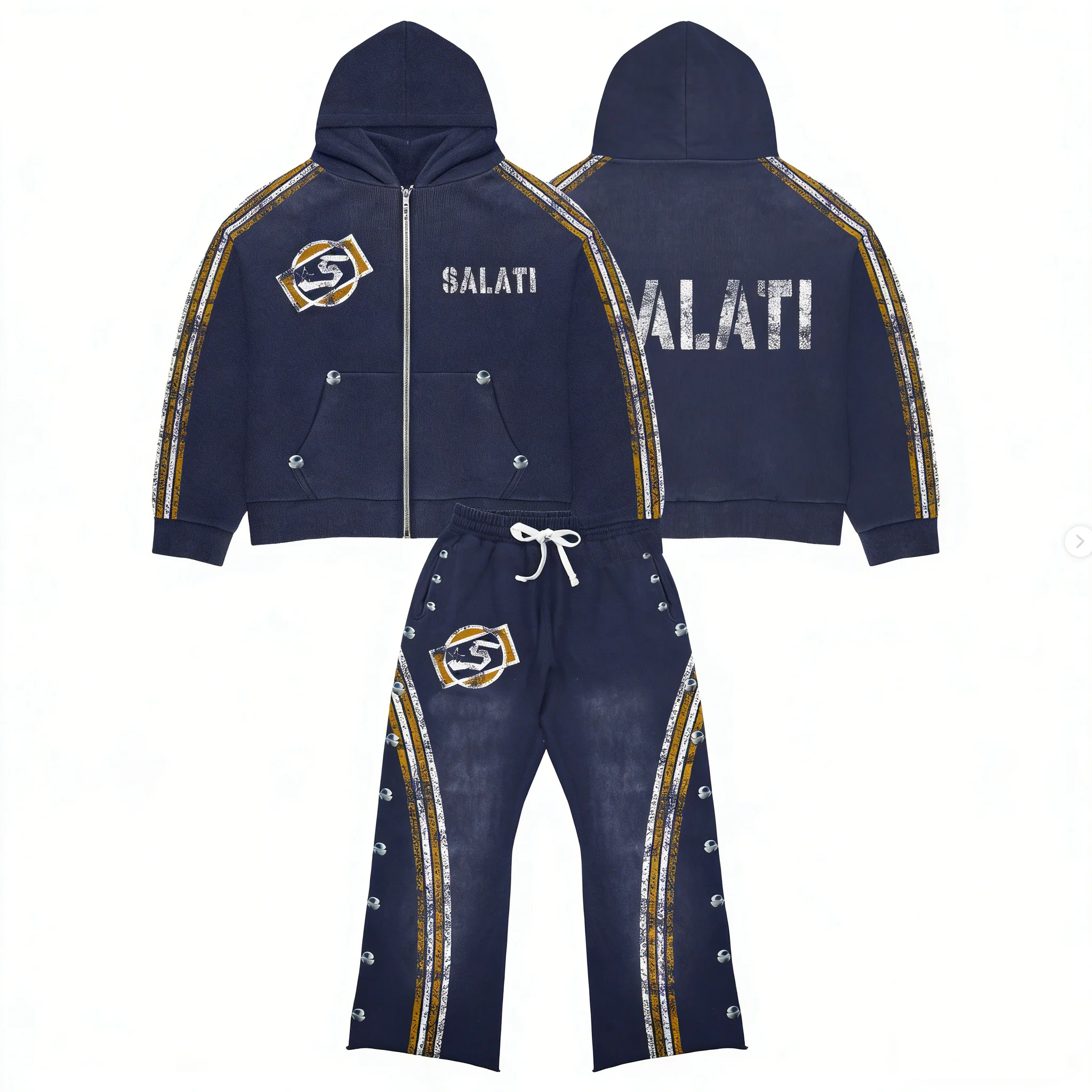 SALATI Custom logo Pattern Manufacturers Good Quality Tracksuits Mens Flared Sweatpants and Hoodie Sets Tracksuit Set Unisex gallery 3