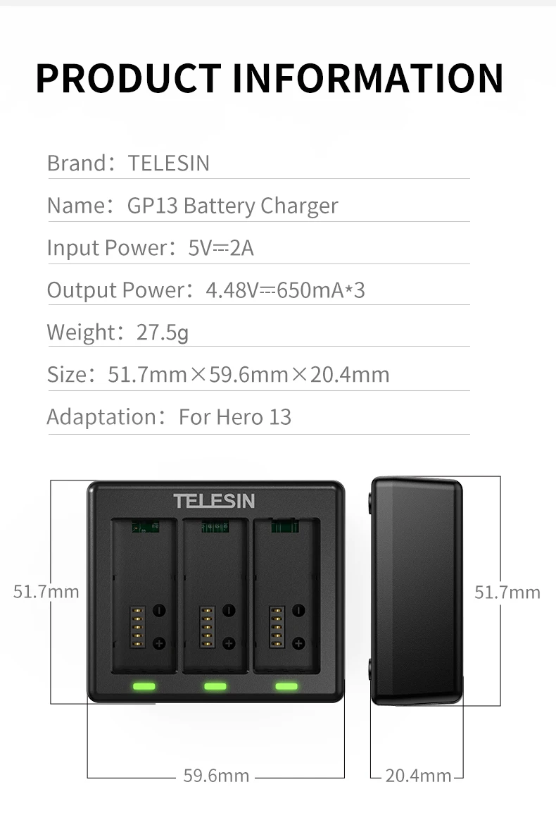 Telesin Battery Charger for Go Pro 13 camera Portable 3-slot Action Camera Lithium Battery Charger