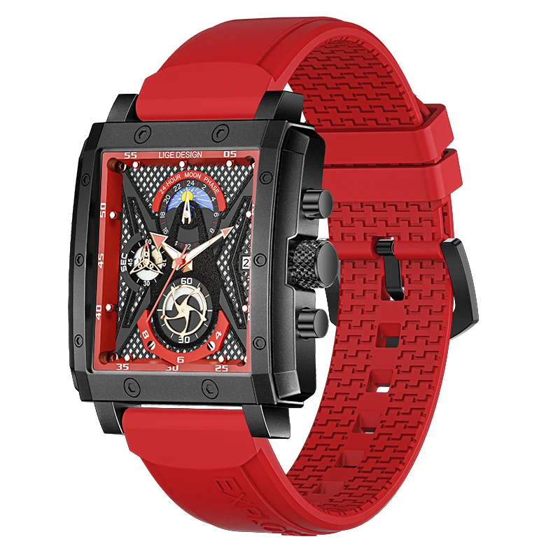Lige 8965 Luxury Red Fashionable Quartz Watch Rubber Strap Moon Phase 24H Display Chronograph Leisure  Automatic Concept Watch