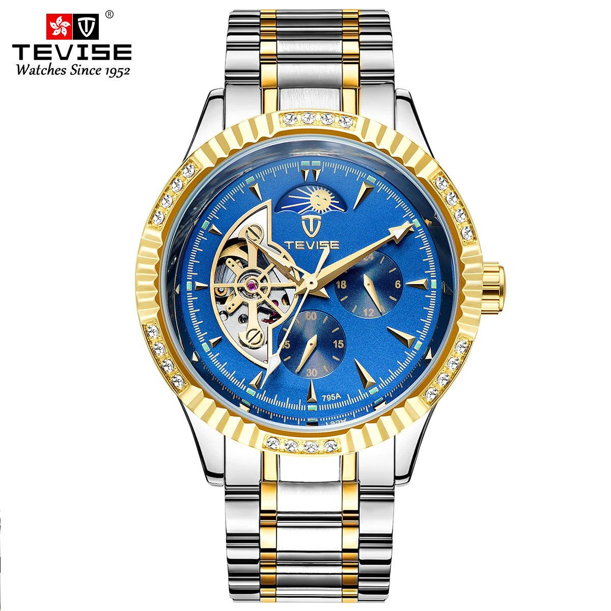 TEVISE 629F Moon Phase Automatic Mechanical Watch Multiple Time Zone 3 ATM Waterproof High Quality Watches for Men