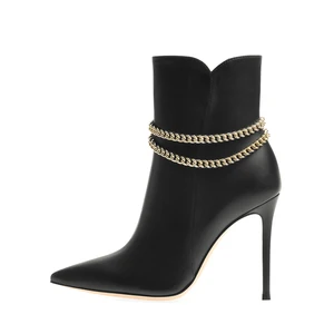 Pointed Toe Stylish Gold Metal Chain Short Boots Black Stilettos High Heel Booties for Women Winter Shoes