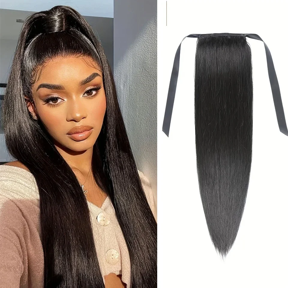 Extension per capelli umani con coda di cavallo dritta e nastro per donne da 10 a 30 pollici_voghion.com