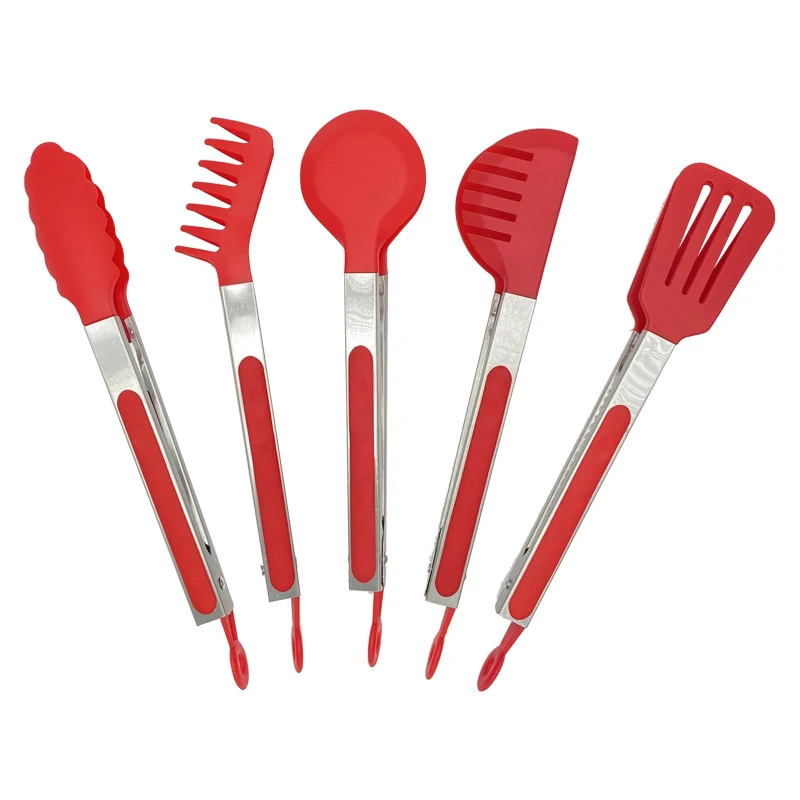 Customized Logo Wholesale Premium Sustainable 5-Piece Cooking BBQ Baking Tools Stainless Steel Locking Kitchen Tongs details