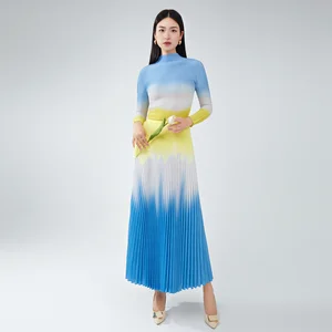 Women's High-Quality Printed Gradient Pleated Long-Sleeved Top and Pleated Skirt 2-Piece Set