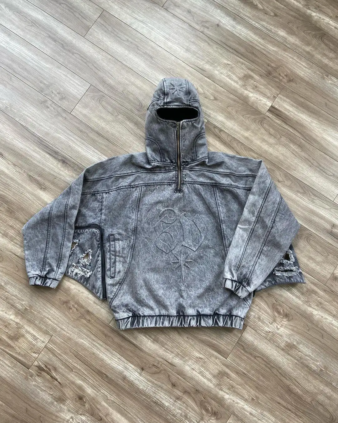 Salati Clothing Manufacturer Y2K Pullover 3D Embossed Distressed Stone Faded Acid Wash Balaclava Ninja Mens Hoodie Sweatshirt