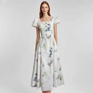 Custom Square Neck Short Sleeve Floral Dress for Women