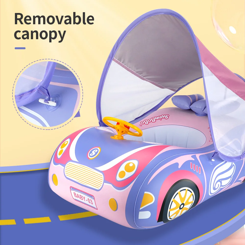 Swimbobo Kids Inflatable Car Swimming Seat Boat Floating Toddler Water Toy Steering Children Swim Pool Float Ring With Canopy