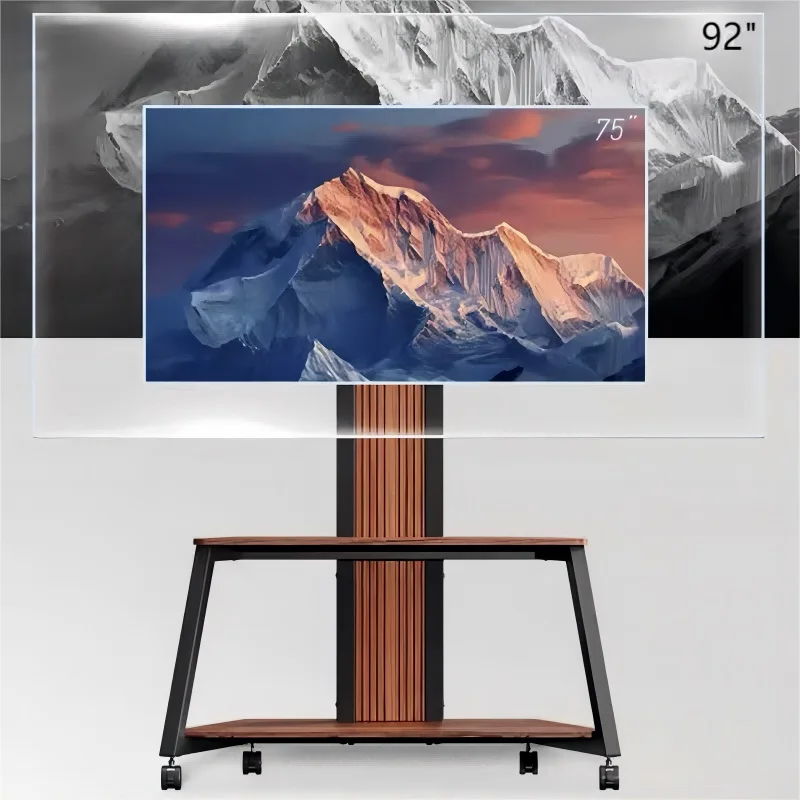 XYTC-03B Adjustable Height Mobile TV Cart With Wooden Shelf Art