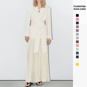 Women's Blazer with Spliced Scarf Hollow Out Notched Collar Double Breasted Pockets Solid  Linen Cropped blazer