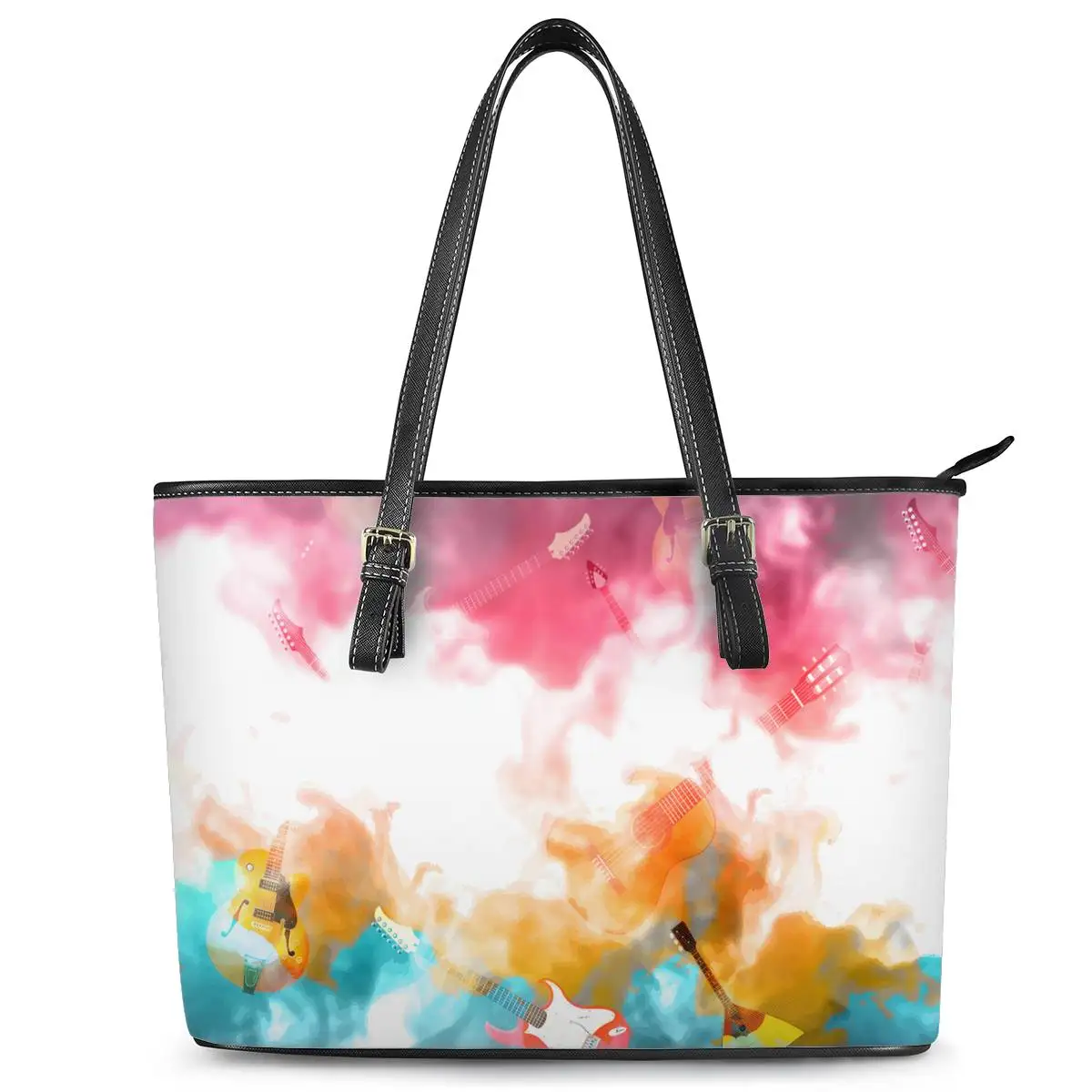 Womens Leather Tote Shoulder Bags Handbags with Colorful Guitar 
