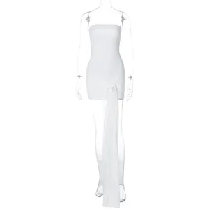 Summer New Style Plain-color Elegant Wrap-around Bodice and Waistband Spliced Net-sheen Pleated Ruffled Short Dress for Women