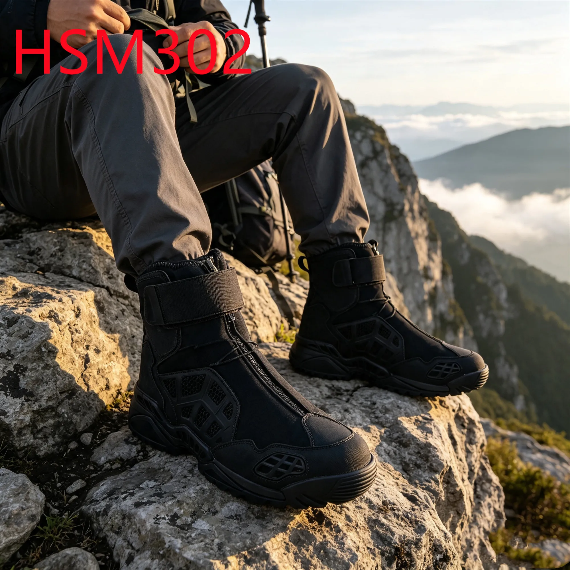 HY,Wilderness Survival Impact Proof Sole Hua Singh Tactical Boots Center-front Zipper Design Combat Boots with Velcro HSM302