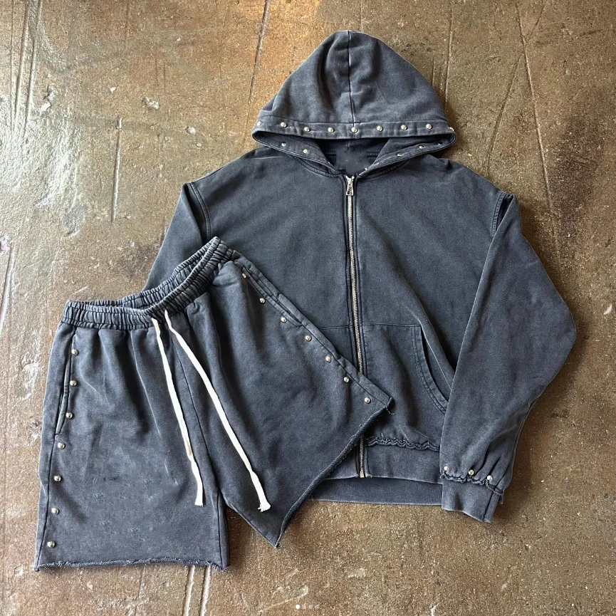 Wholesale Custom Heavyweight Cotton French Terry Vintage Stone Acid Wash Cropped Boxy Zip up Hoodie and Sweat Shorts Set manufacture