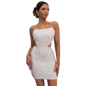 2022 Sleeveless Summer Sexy Hollow Out Night Dresses for Women Club Bodycon Sequin Party Dress