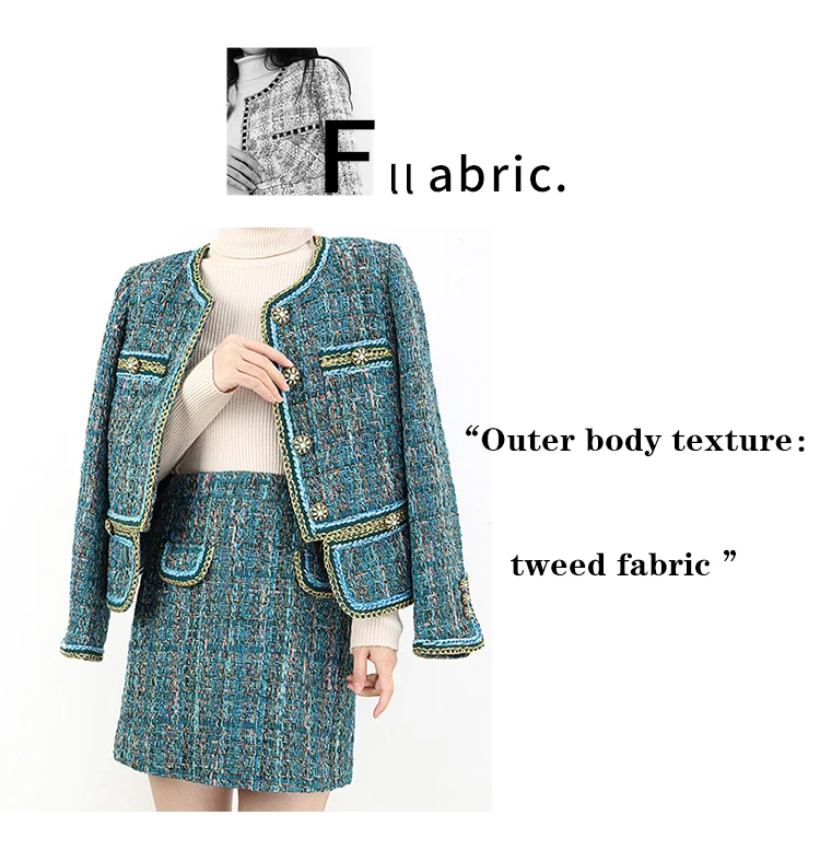 Factory price heavy woven women's jacket set high-waisted tweed two-piece women set