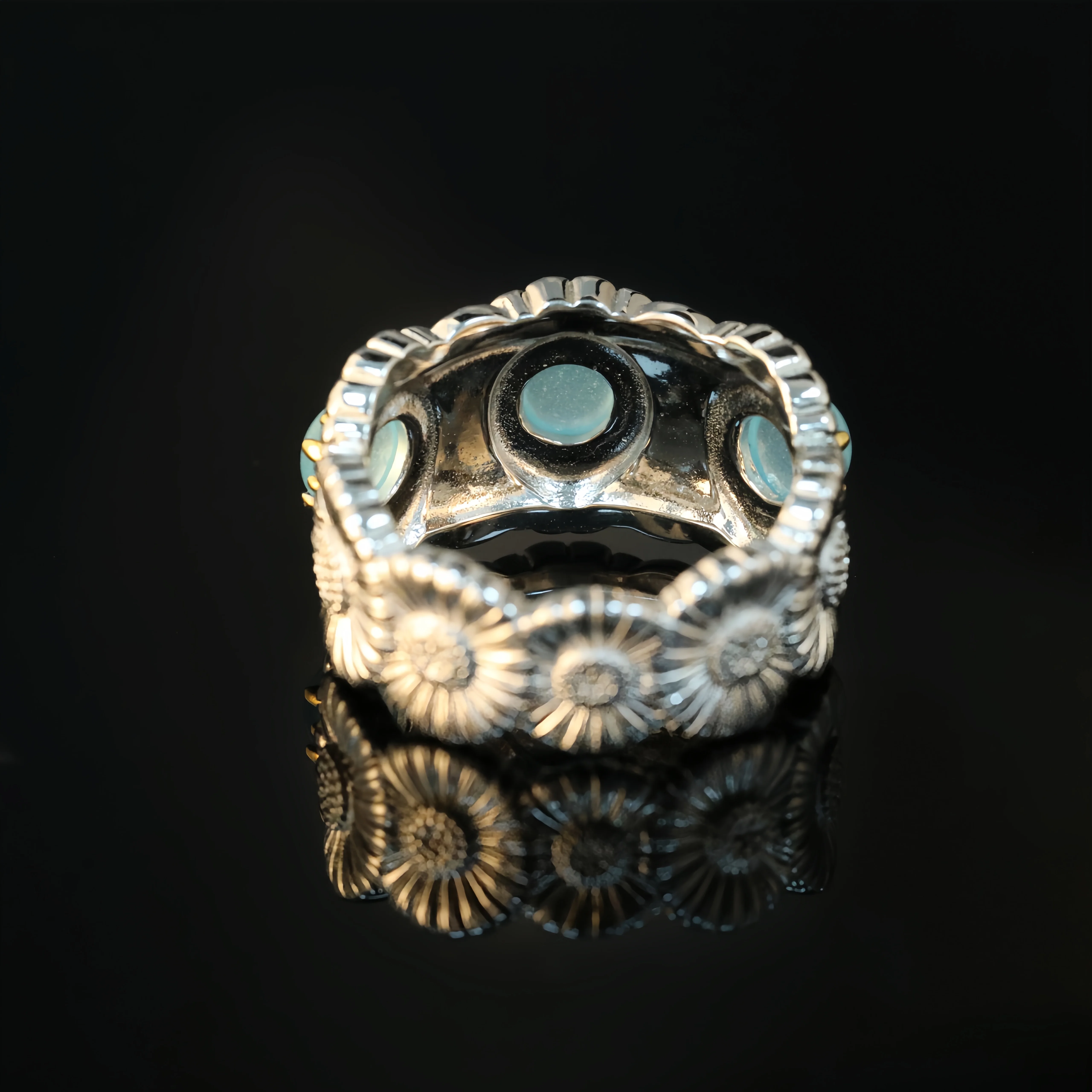 MUSHAN Jewelry Factory Women 925 Sterling Silver Daisy Ring with Blue Agate Opal Fine Jewelry Flower Rings for Anniversaries