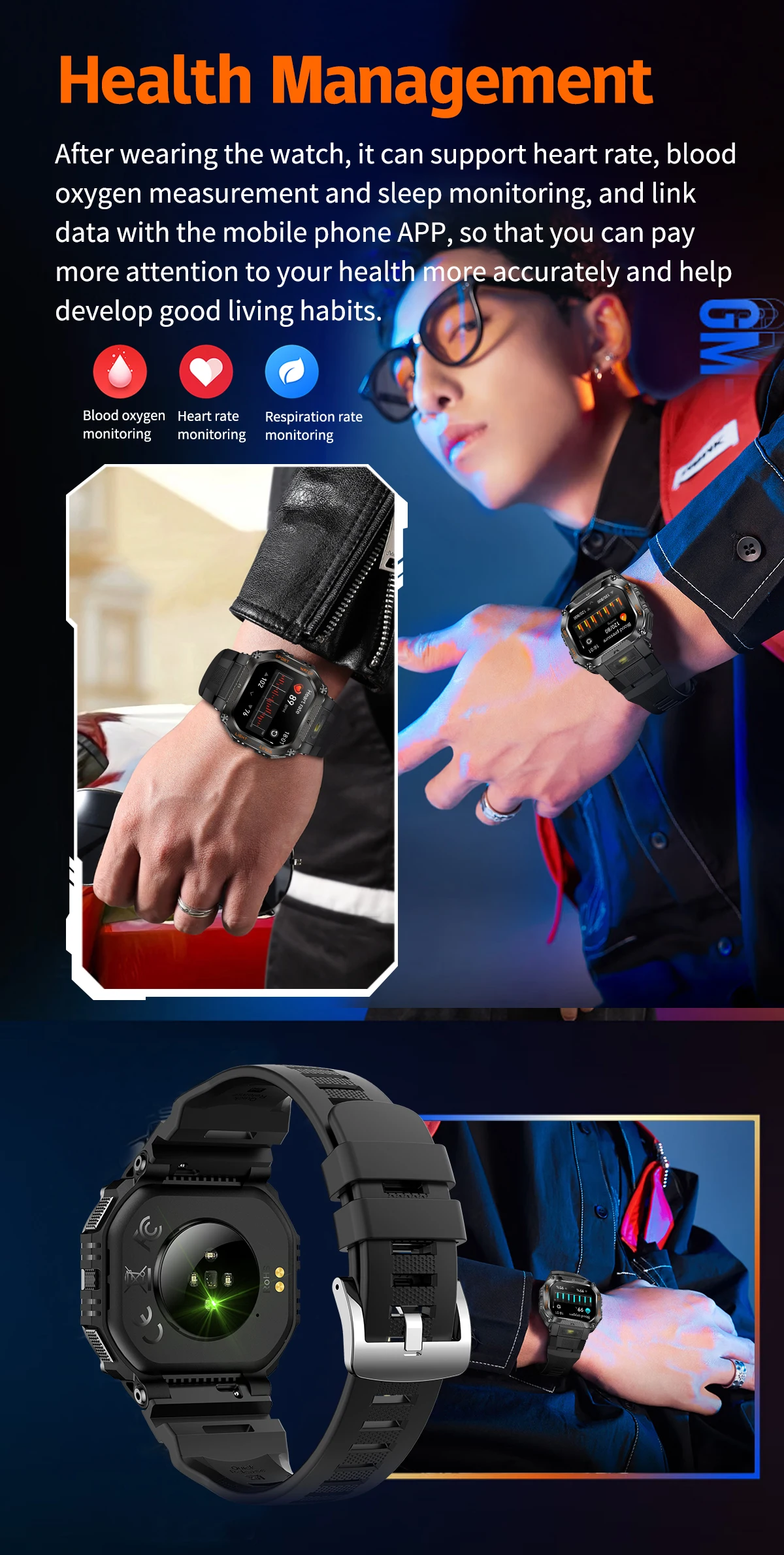 product laudtec men outdoor smart watch led flashlight bt calling voice assistant large screen sports smartwatch wearable device sb004-7