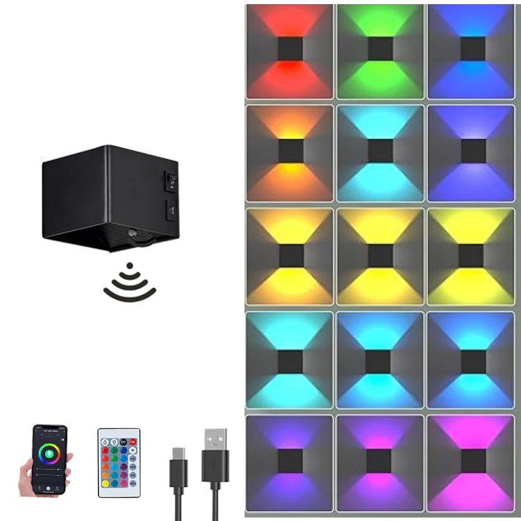 Remote APP Control Dimmable Motion Sensor LED Wall Sconce Lighting Cube RGB Light Rechargeable  Bedside Lamps Cordless Lamp