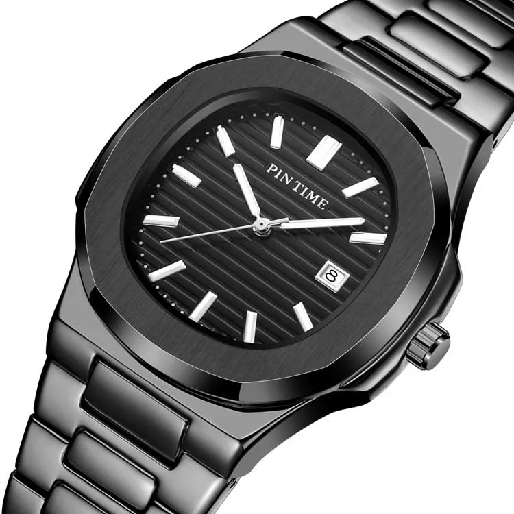 PINTIME PT1520 Stylish Gold Unisex China Quartz Watch Vintage Steel Band Waterproofing Watch Date Display Business Watch Design