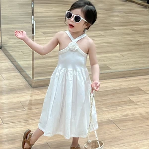 Solid White Princess Dress  Summer Infant Romper Girls' Sleeveless Halter Cotton Dress Fashionable Baby Clothes for Kids