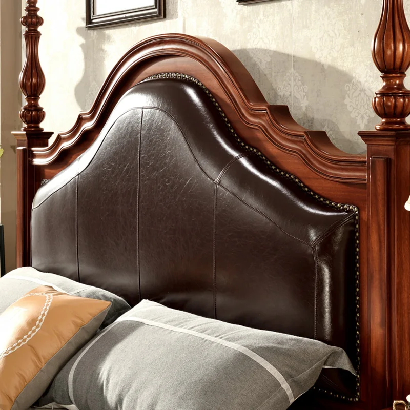 American-style Solid Wood King/queen-size Leather Double Bed with Roman Columns and Upholstered Headboard, Bedroom Furniture.