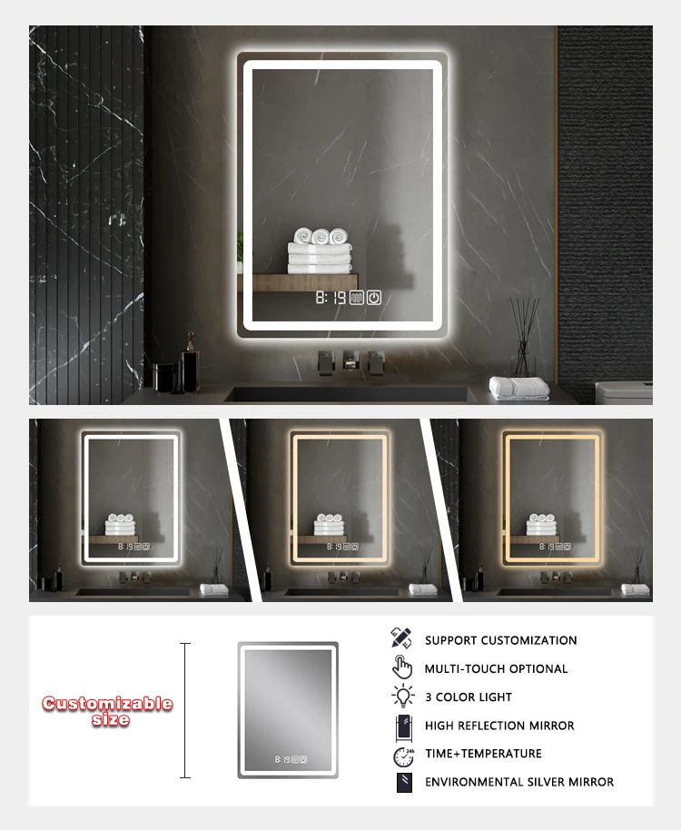 product led luxury bathroom vanity wall decoration large wall framed mirror illuminated rectangle magnification hotel modern mirror-4