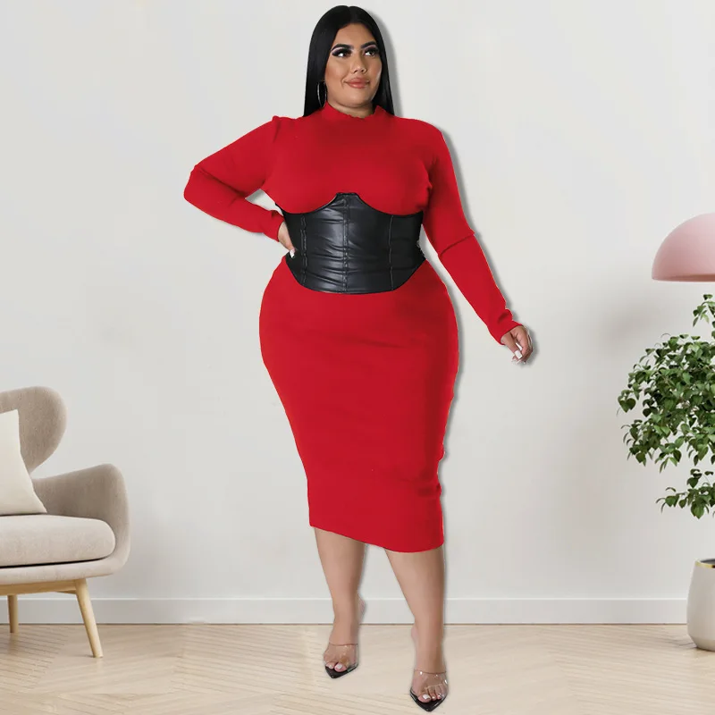 Autumn High Quality Leather Corset 5xl Plus Size Dress Women's Elegance  Long Sleeve Bodycon Dress