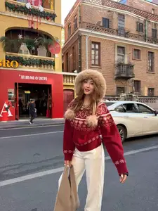 Women's Burgundy Fair Isle Christmas Sweater New Year Heart Pattern Festive Holiday Knitted Pullover Winter Party Cozy Jumper