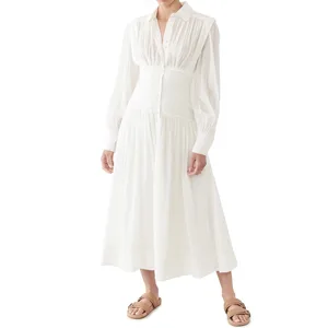 Casual Stylish Collared Neck Front Button Bodice Long Balloon Sleeves Ruffle Ladies White Dress Vestido