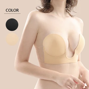 One Piece Bio-glue Silicone Gel Breathable Fashion Deep U Plunge Bra Wire-free Push up Adhesive Backless Bra with Clear Wings