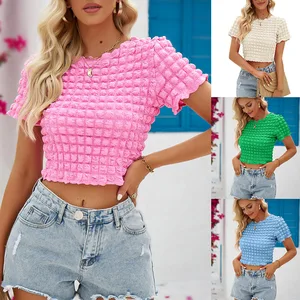 2023 New Women's Crop Top Blouse Shirt Dimensional Plaid Breathable Knitted Streetwear Style for Summer