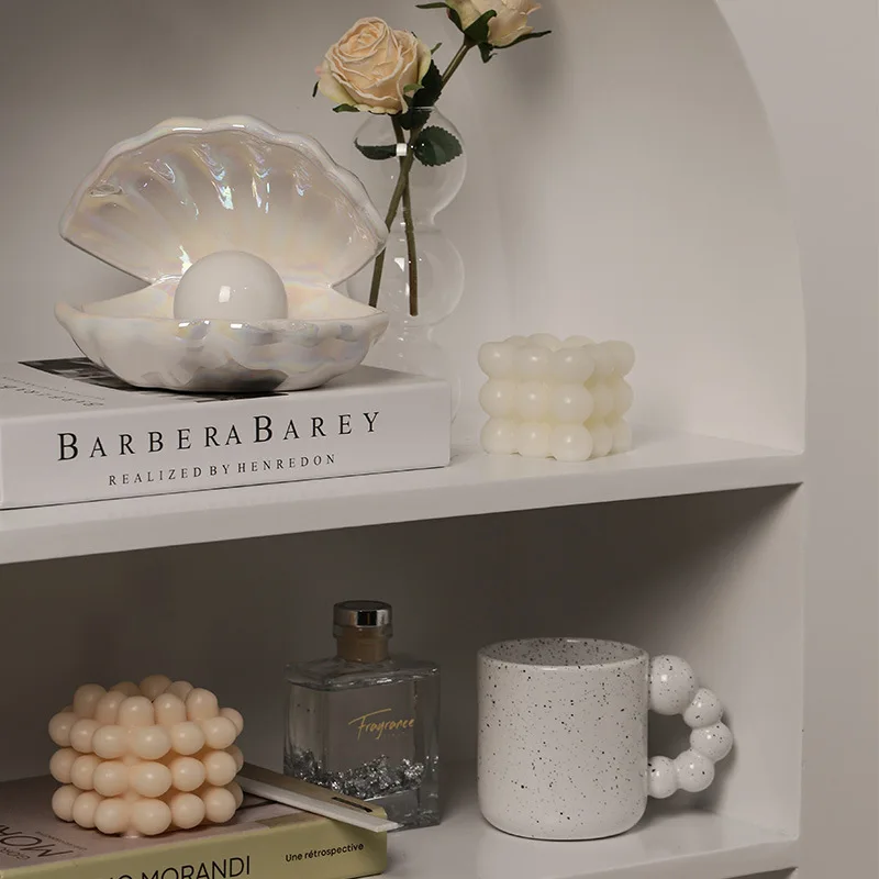 Pastel Aesthetic Home Decor Set Clam Shell Tray Bubble Candles Speckled Mug Pleated Lamp Neutral Tone Modern Shelf Styling