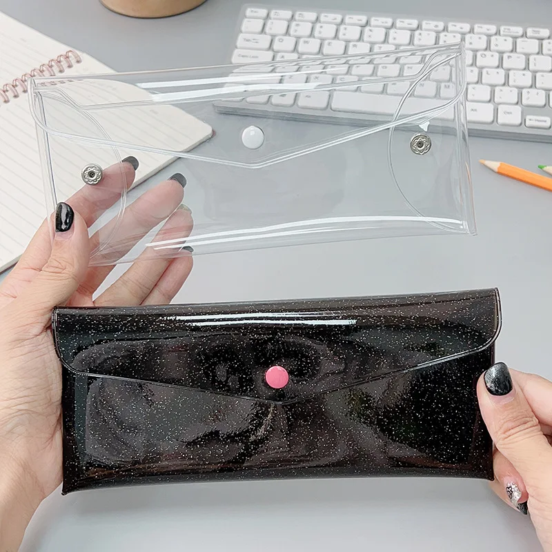 Wholesale Glitter Clear Pen Bag Holographic PVC Pencil Pouch Envelope Coin Purse with Snap Button Storage Bags