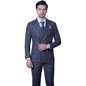 Custom Made 100% Wool Plaid Dark Grey Fabric Men's Business Slim Suits Big Lapel Pant Closure Type Zipper Fly Plus Size
