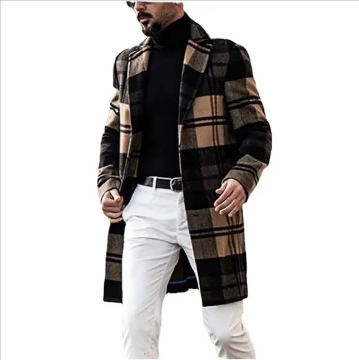 Amazon 2021 Plaid Single Breasted Mens Long Coat Wholesale Winter Casual Wool Coats For Men