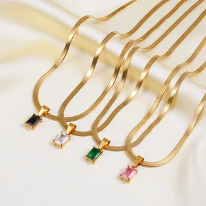 MW Women's Minimalist 18K Gold-Plated Stainless Steel Crystal Zircon Square Necklace on Snake Chain