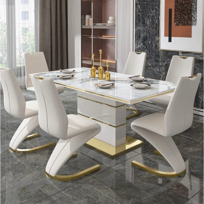 YDSTONE 6-Seater Dining Table Set Artificial Top White Sintered Stone Assembled Home Furniture for Dining Room or Workshop