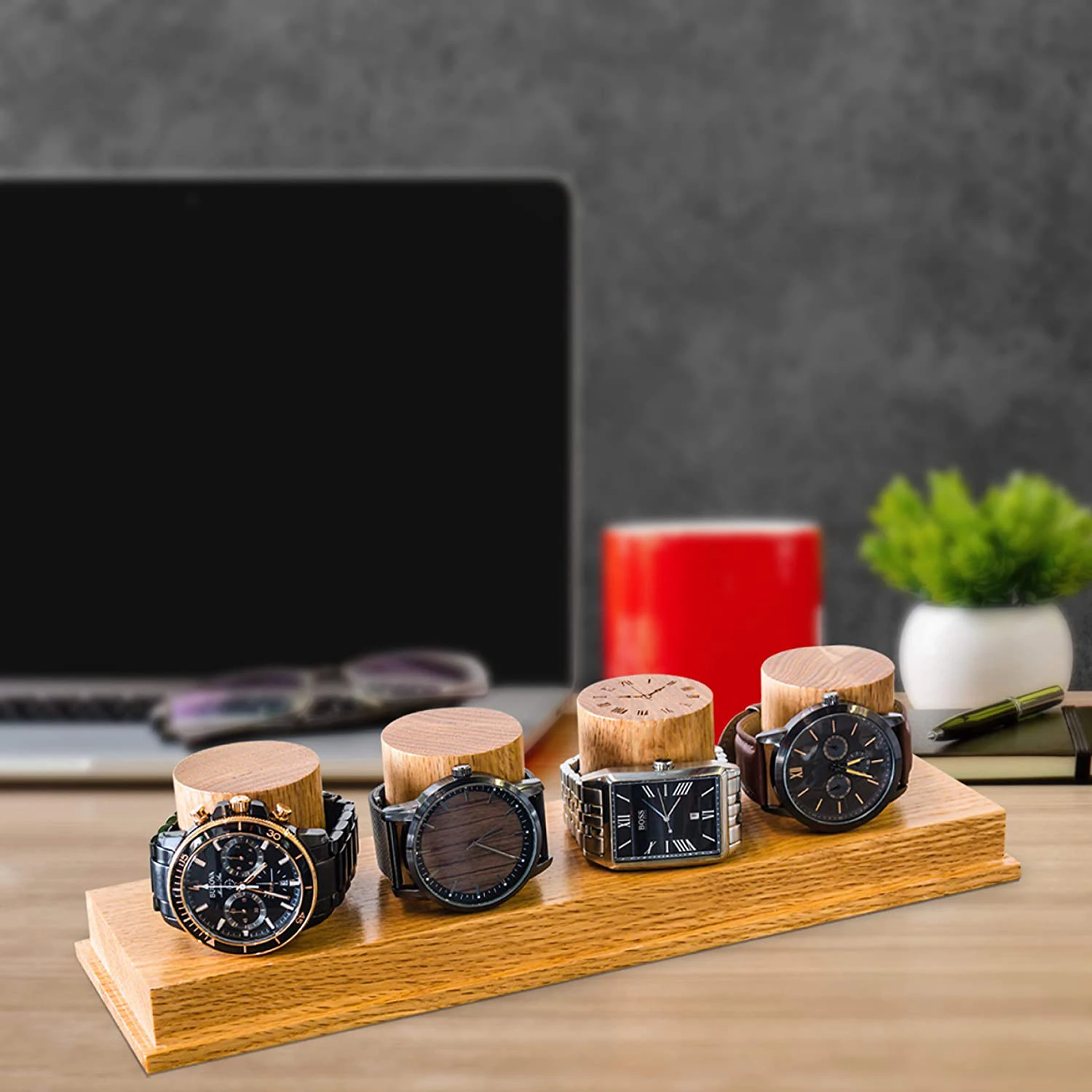 Rustic Style Solid Oak Wooden Watch 4 showcase Stand Holder Box Display with Glass Top