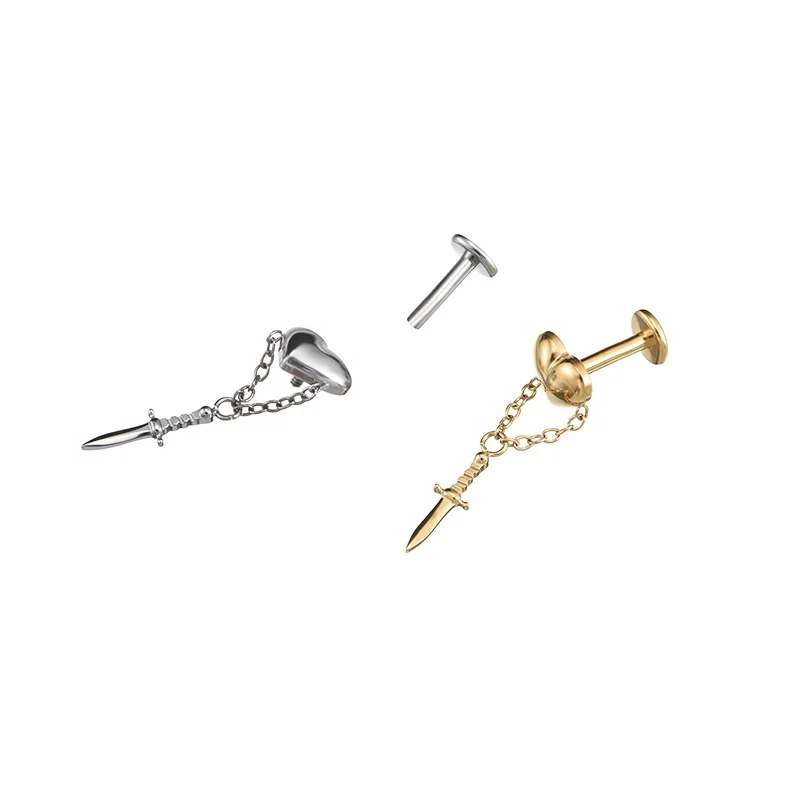 Fuxuan ASTM F136 Titanium Internally Threaded Heart with Sword Dangle Helix Conch Ear Piercings Jewelry