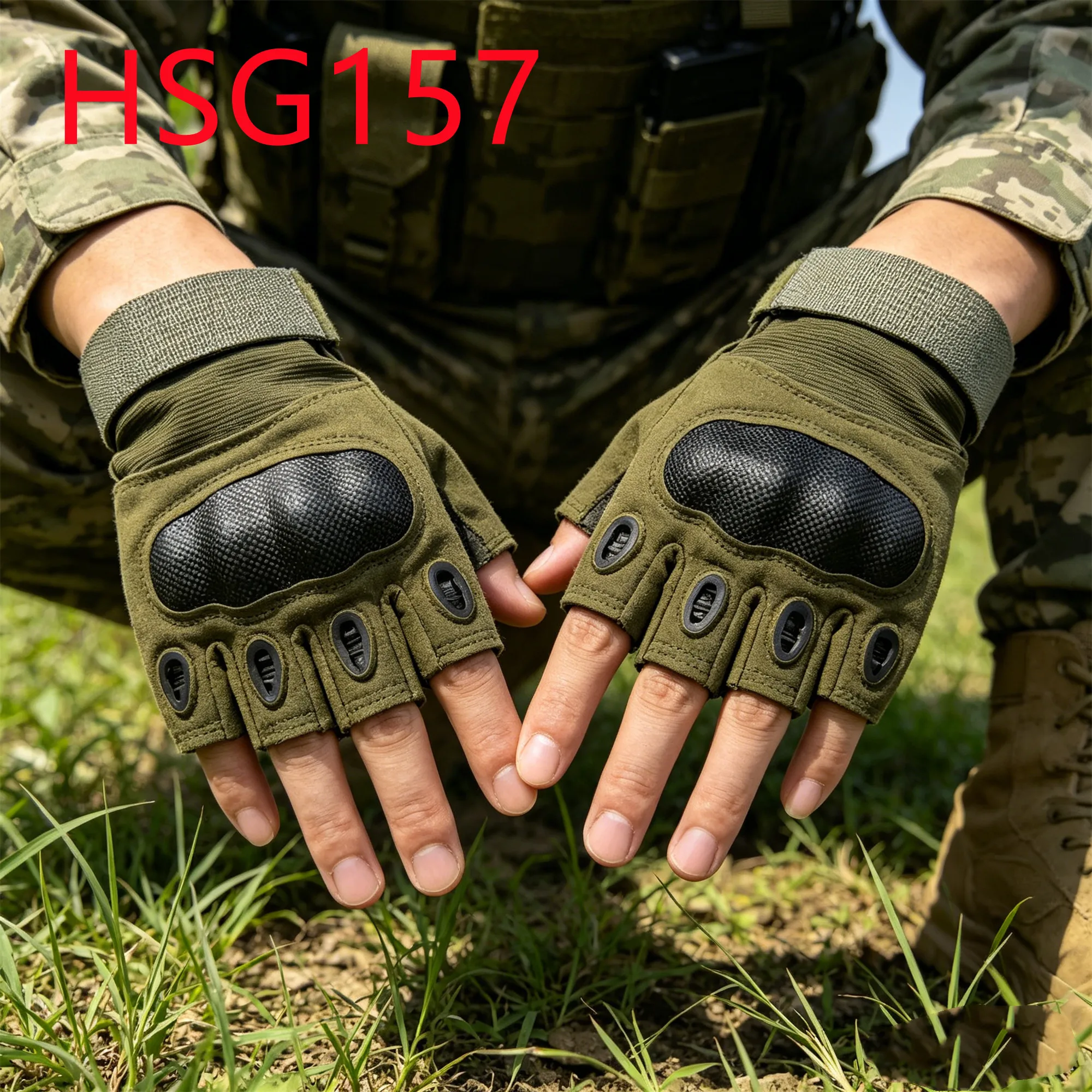 HY,Non-Slip Palm Design Added Durability Half Finger Combat Gloves Field Gear Adjustable Tightness Mechanic Gloves HSG157