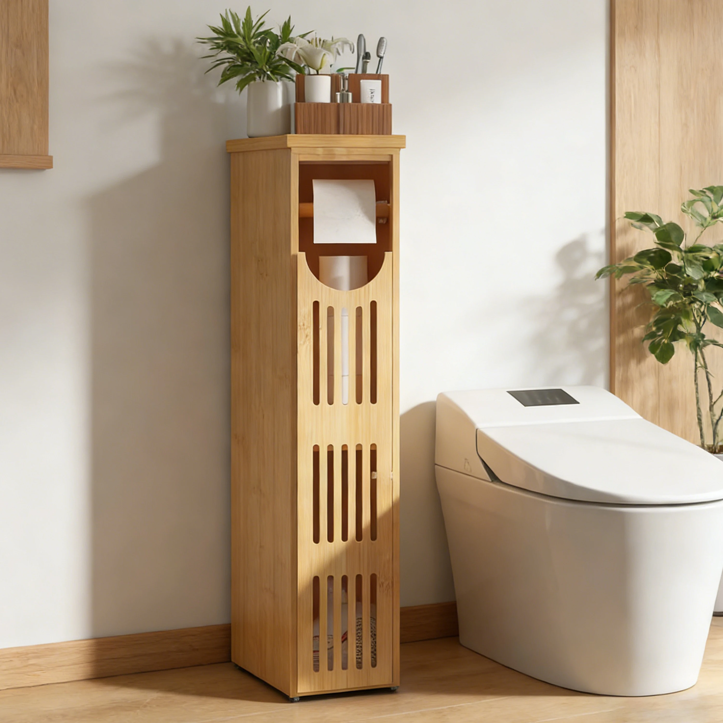 Bamboo Slim Bathroom Storage Cabinet Narrow Toilet Paper Holder Freestanding Tall Organizer for Toiletries & Bathroom Essentials