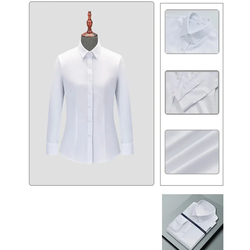 Pure White Long Sleeve Solid Color Plain Formal Business Shirt Regular Collar Lady's Casual Blouse For Women details