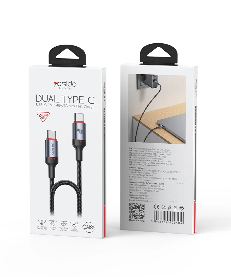 Yesido CA185 1.2 Meter 240W Type-C to Type-C Support USB2.0 Data Transfer Fast Charging Data Cable