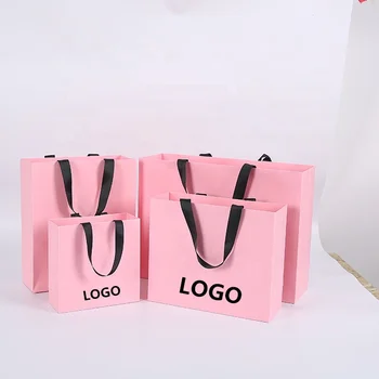 Custom Logo Printed Matt Finish Pink Paper Shopping Bag With Grosgrain Ribbon Handle