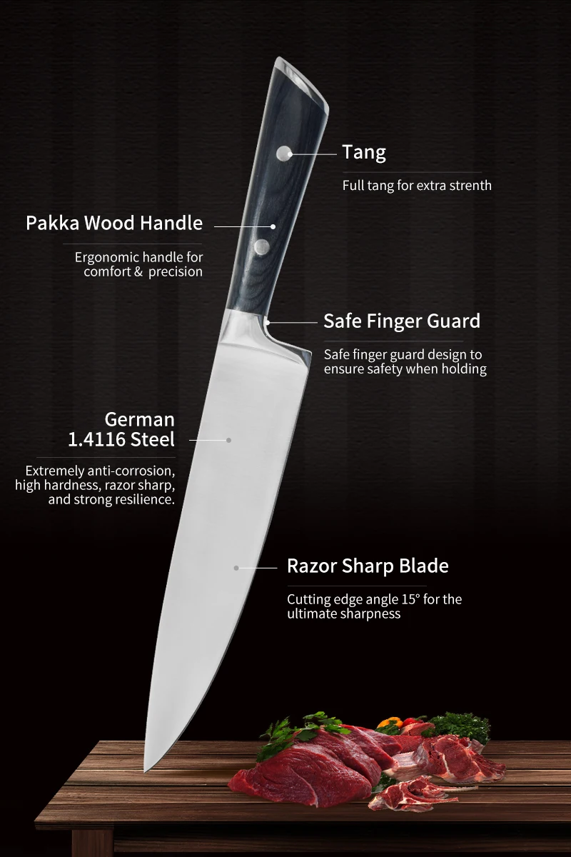 Best Choice for Home Kitchen 8 Inch German High Carbon Stainless Steel 5CR15MOV Pakka Wood Handle Chef Knife
