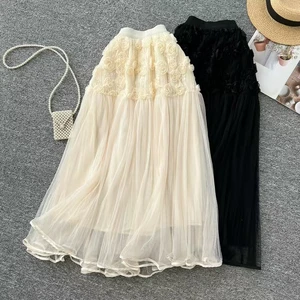 Casual 3D Ladies with Beads Flowers Ruffles Natural Waist Tulle Skirt with Ruched and Appliques Decoration