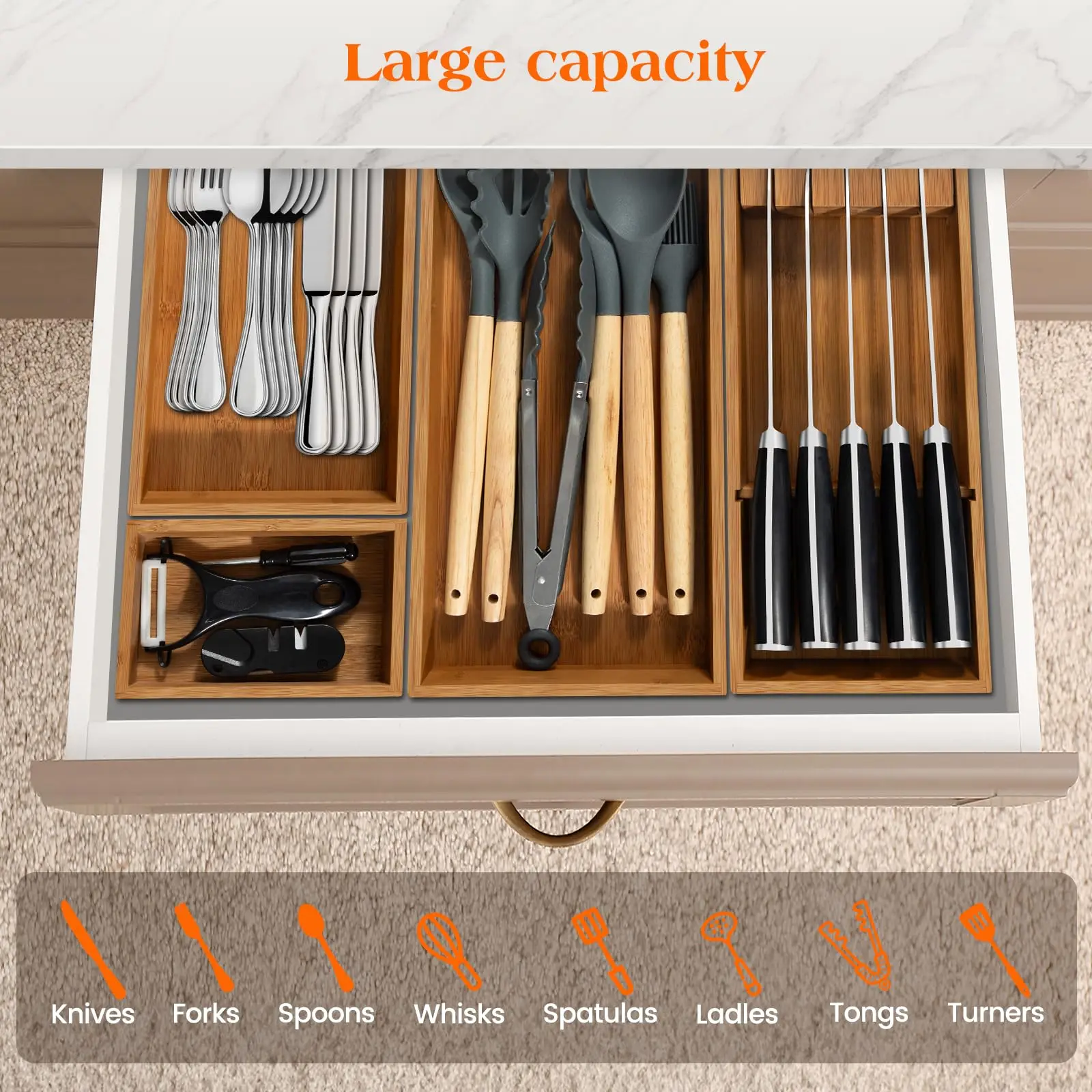product bamboo drawer organizer 4 piece set carbonized non slip extra deep kitchen cutlery utensil storage tray silverware knife holder-7