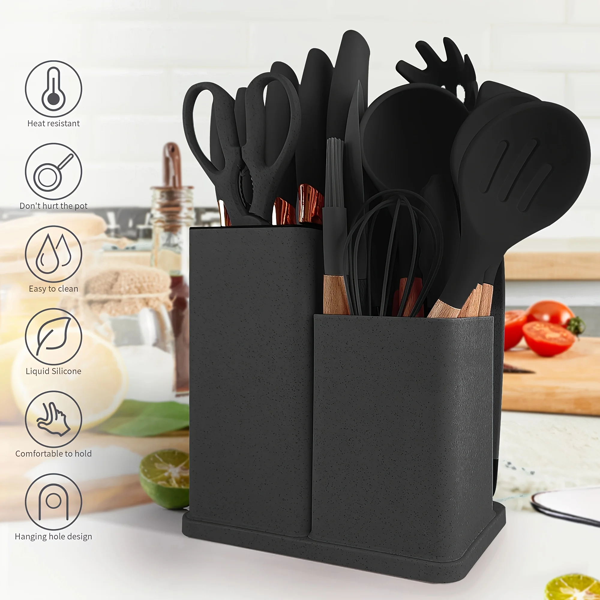 Custom Kitchen Gadget Kitchen Utensils Set Food Grade Silicone With Wooden Handle and Cuttings Board Storage Bucket